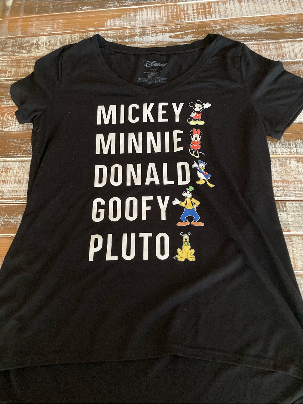 Disney Black Tee with Mickey, Minnie, Donald, Goofy & Pluto Names